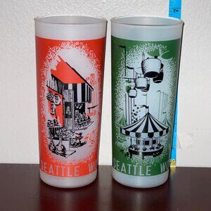World’s Fair Seattle 1962 Frosted Glasses Set Of 2 Vtg Tumblers Glass Red Green